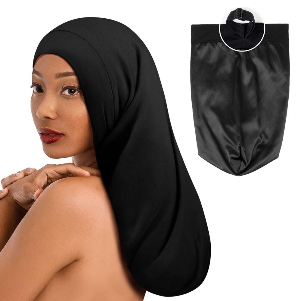 Long XL Silk Satin Bonnet for Braids, Dreadlocks for Curly Hair Sleeping, Large